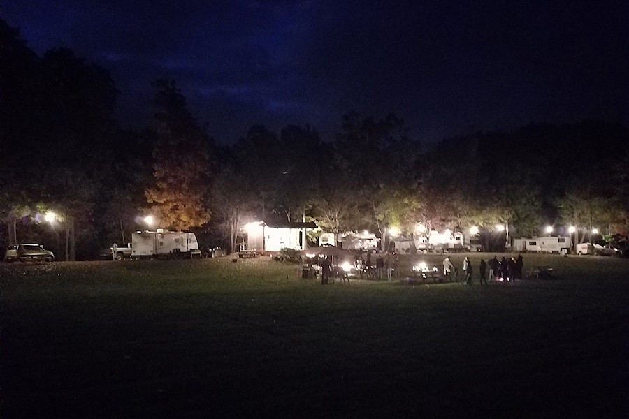 Campground at night with lights